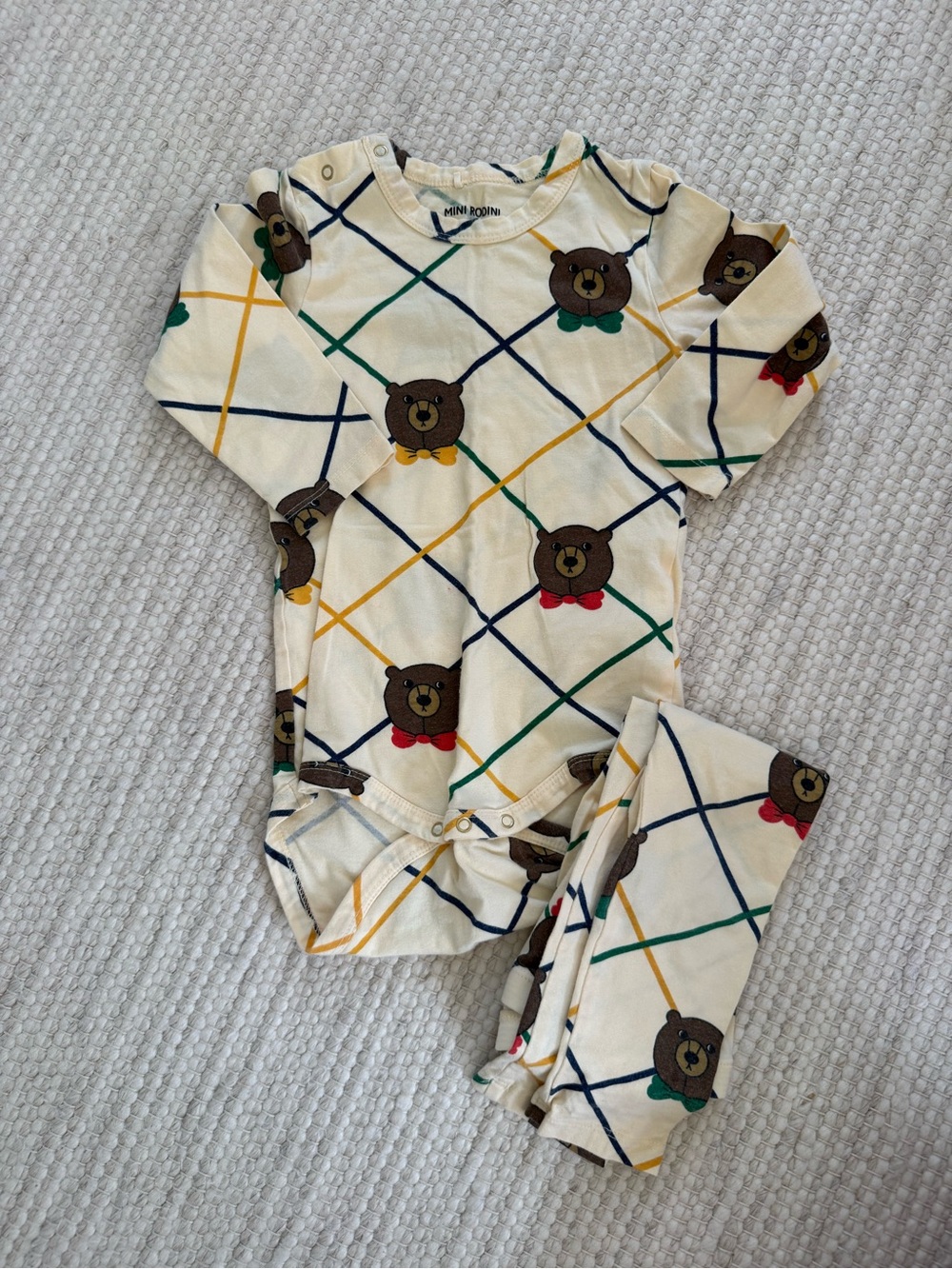 Mini Rodini Cream Bear-Print Pajama Set with Multicolor Bows